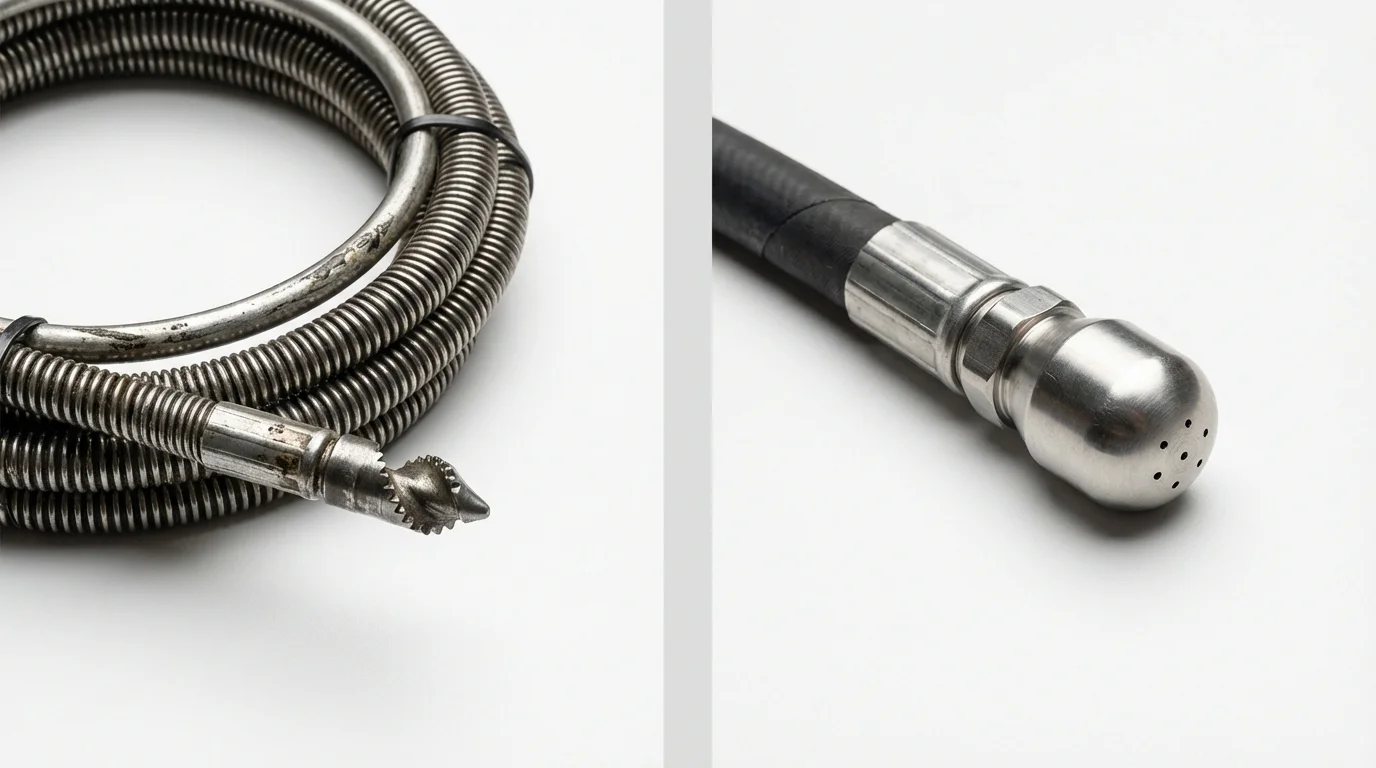 Drain snake cable and hydro jetting nozzle used for drain cleaning in Wood River, IL