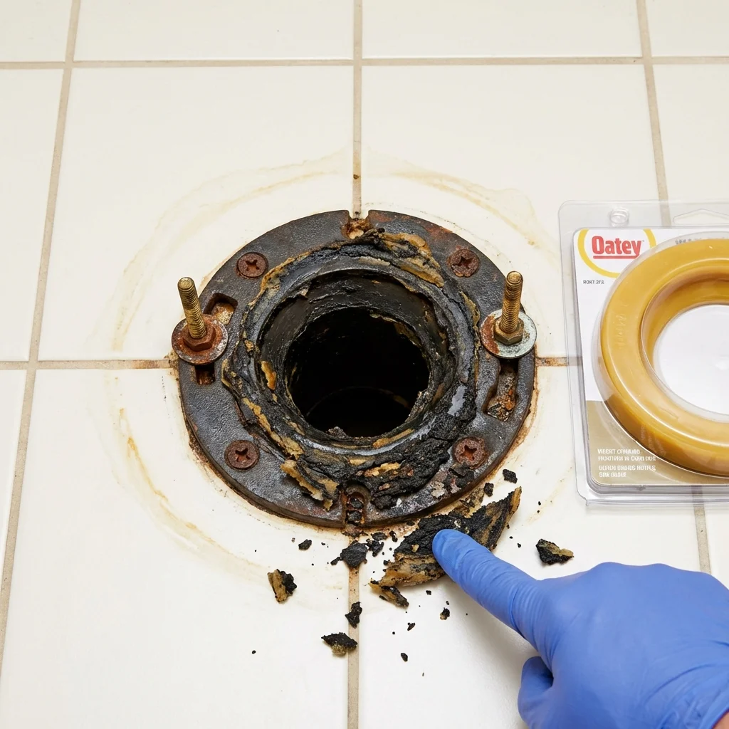Failed wax ring showing water seepage at the base of a toilet in a Wood River, IL home