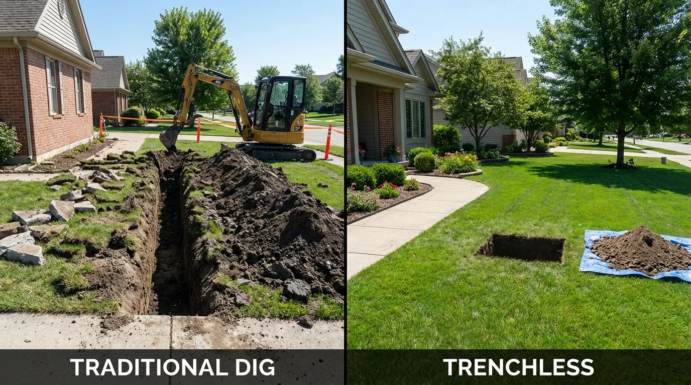 Trenchless sewer repair with minimal yard damage versus traditional excavation in Wood River, IL
