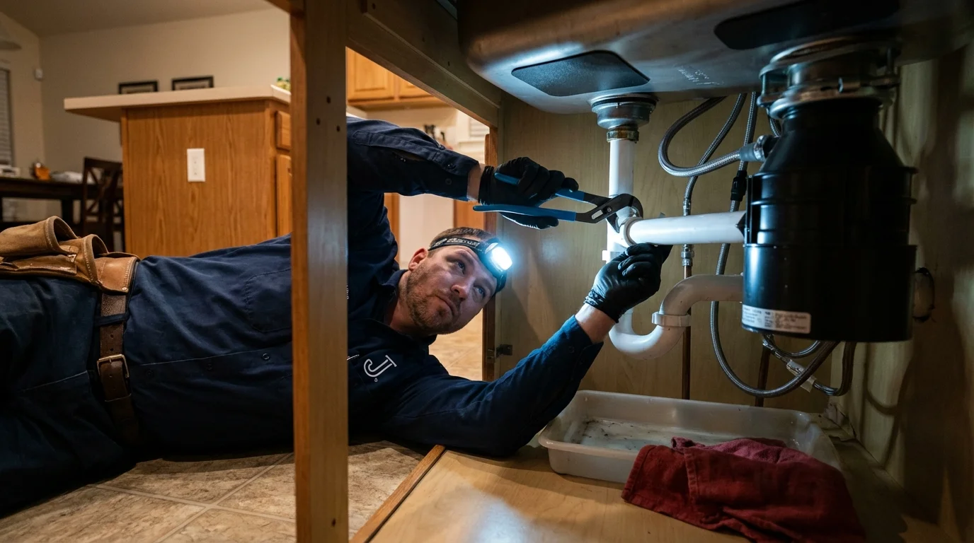 P-trap and supply line connections under a kitchen sink showing a common leak point in Wood River, IL